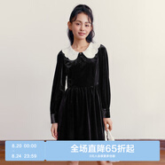 樂(lè )町千金風(fēng)絲絨連衣裙女秋冬新款手勾花領(lǐng)拼接長(cháng)袖內搭連衣裙 黑色(現貨) M