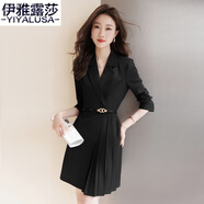 伊雅露莎職業(yè)裝女裝連衣裙長(cháng)袖春秋新款商務(wù)休閑中長(cháng)款裙子通勤工作服661 黑色連衣裙 L