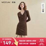 西遇純欲蕾絲拼接V領長袖針織連衣裙女2025秋季修身顯瘦內搭短裙 咖色 M (160)