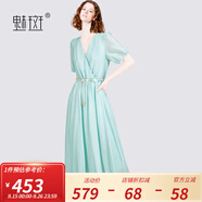 魅斑度假風(fēng)V領(lǐng)串珠系帶連衣裙女2025巨好看的裙子夏季穿搭連身裙 藍(lán)色 XL