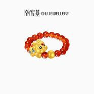 潮宏基吞金獸貔貅紅瑪瑙足金黃金戒指女手飾送女友生日禮物 彈力繩