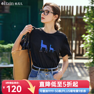 Olrain歐芮兒黑色短袖T恤女夏季新款精致繡花寬松百搭上衣 黑色 XL