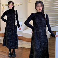 夏典素訂女王（SE.PSTP）復古燈芯絨碎花吊帶裙冬季套裝遮肉顯瘦打底衫兩件套連衣裙秋冬女 【套裝】中長(cháng)款連衣裙+打底衫 M 建議90-105斤