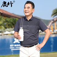 鹿竹中年爸爸夏裝短袖t恤男士冰絲棉休閑Polo衫中老年男裝夏季上衣服 23940-藍(lán)青灰_【絲光棉】 S 165__【95-115斤】