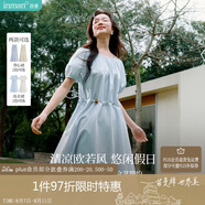 茵曼度假風腰繩收腰連衣裙夏季女裝百搭溫柔燈籠袖氣質(zhì)長裙淺藍色  XL