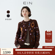 EIN PURE 多巴胺花卉繡花綿羊毛復(fù)古針織開衫外套2025早秋新款 深咖 M