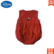 迪士尼（Disney）25春夏嬰幼童棉麻熊貓刺繡連體衣生日周歲可愛男女寶寶無(wú)袖包屁 熊貓繡花紅色連體褲 73cm 均碼