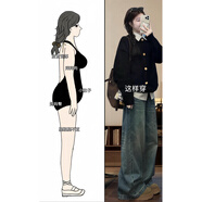 PEANUTS秋季服裝大碼胖毫米假兩件套針織開(kāi)衫牛仔褲韓國高端時(shí)尚女裝套裝 兩件套裝 均碼 M(建議80-100斤)