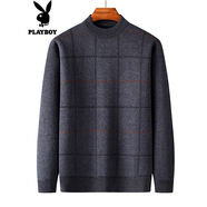 花花公子（PLAYBOY）花花公子爸爸冬裝毛衣加絨加厚中年男士冬季保暖打底衫中老年爺爺 大格子深灰色加絨 L