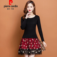 皮爾卡丹（pierre cardin）秋冬新款女裝修身毛衣裙假兩件針織拼接蓬蓬裙加絨加厚蕾絲連衣裙 紅裙【不加絨】 L 【100-110斤】