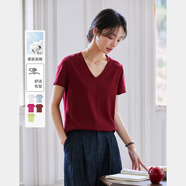 梵希蔓多巴胺純色正肩短袖T恤女2025夏季新款休閑百搭V領(lǐng)寬松上衣 A0811 波爾多紅 L