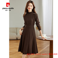 皮爾卡丹（pierre cardin）品牌高檔輕奢羊毛針織連衣裙女秋冬配大衣打底顯瘦氣質(zhì)百褶拼接毛 品牌高端新品-咖色 M