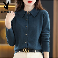 花花公子（PLAYBOY）秋冬新款氣質(zhì)女開(kāi)衫襯衣領(lǐng)POLO領(lǐng)長(cháng)袖毛衣大碼羊毛打底針織衫 海藻藍 S