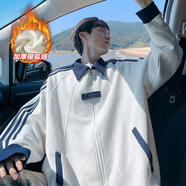 主意范（ZHUYIFAN）美式條紋休閑開(kāi)衫衛衣男秋冬加絨加厚潮牌學(xué)院風(fēng)情侶運動(dòng)夾克外套 A001-W5089J白灰加絨 L 105-125斤