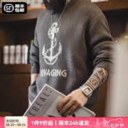 馬登工裝 美式復古針織船錨提花毛衣vintage套頭圓領(lǐng)打底衫男秋季 灰咖色 2XL