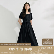茵曼簡(jiǎn)約方領(lǐng)分割2025夏季女裝新款浪漫泡泡袖中長(zhǎng)裙子 午夜黑  L