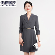 伊雅露莎高端職業(yè)西裝連衣裙長(zhǎng)袖秋季新款商務(wù)中裙面試休閑通勤工作服661 灰色連衣裙+腰帶 3XL