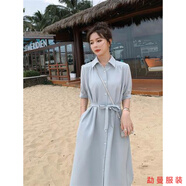 何健弓裙范夏季新款法式設計感小眾襯衫裙溫柔初戀裙子淡藍色 淡藍色 S 均碼