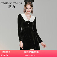 糖力【商場(chǎng)同款】冬季新款黑色絲絨連衣裙女 黑色 S