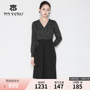 MY TENO馬天奴2025秋冬新款黑色波點印花拼接連衣裙子V領(lǐng)收腰長袖氣質(zhì)女 黑色 M 38