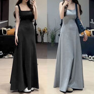 法式復古氣質(zhì)方領(lǐng)大擺連衣裙女感收腰拖地裙打底內搭背心長(cháng)裙 黑色小個(gè)子建議身高155-167 S