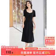 尚都比拉輕職場(chǎng)藍(lán)色連衣裙女夏季收腰中長(zhǎng)裙泡泡袖裙子 黑色152L80063  S