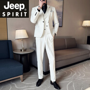 JEEP SPIRIT吉普西裝馬甲套裝男商務(wù)韓版修身馬夾雙排扣V領(lǐng)設計新郎伴郎西裝 白色【西服+馬甲+西褲】 M