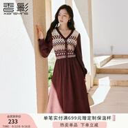 香影紅色波西米亞連衣裙女2025秋季新款v領(lǐng)花邊復(fù)古針織拼接裙子 紅色 M 160/84A/95-110斤