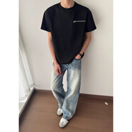 林中尋美式小領(lǐng)口肩拉鏈t恤短袖男款夏季新款穿搭cleanfit體恤衫 黑色 M