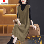 皮爾卡丹（pierre cardin）2025V領(lǐng)針織洋裝女秋冬新款氣質(zhì)顯瘦毛衣裙長版過膝馬甲背心裙黃駝色M 80-95斤