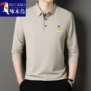 啄木鳥(niǎo)（TUCANO）春秋季新款長(cháng)袖男士翻領(lǐng)T恤中老年抗皺男裝純色休閑百搭舒適上衣 HM31米色-門(mén)襟拼色長(cháng)袖 M (建議115斤以下)