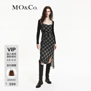 MO&Co.連衣裙含綿羊毛格紋捏褶收腰斜裁裙擺側開叉吊帶裙摩安珂 黑白格色 S 160