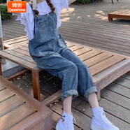 婍妡2025新款時尚牛仔背帶褲女夏季減齡韓版寬松百搭高腰 藍色 XS