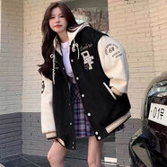 小紅書(shū)美式復(fù)古服女2025年新款秋冬季oversize學(xué)生寬松連帽衫外套 A44黑色帽子可拆卸 S