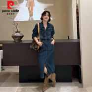 皮爾卡丹（pierre cardin）歐貨復古系扣前開叉牛仔連衣裙女秋季新款修身顯瘦減齡洋氣中長裙 S 【建議80-100斤】 均碼 牛仔連衣裙