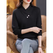 花花公子（PLAYBOY）設計感交叉領加厚毛衣女2025新款秋冬時尚內(nèi)搭針織針織打底衫上衣 黑色 S