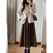 歐迪惠（Oudihui）2025年新款小香風(fēng)連衣裙女秋冬季搭配一整套高級(jí)感韓劇套裝女裙子 杏色外套+咖色裙子 XL 【建議120-135斤】