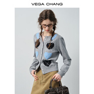 VEGA CHANG針織衫女2025新款秋季愛心刺繡藍黑撞色韓系少女感毛衣 月巖灰 S