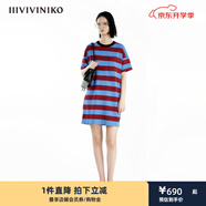 IIIVIVINIKO2024夏季新款休閑H型條紋短袖T恤連衣裙女R421102649C 中藍 S