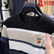 花花公子純棉透氣短袖t恤男夏季薄款圓領(lǐng)條紋潮流半袖體恤汗衫休閑上衣服 黑色 XL 【建議130-150斤】