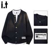 :CHOCOOLATEit麻花紋開(kāi)衫針織衫毛衣男秋冬季新款潮防寒休閑外套 藏墨藍 XL