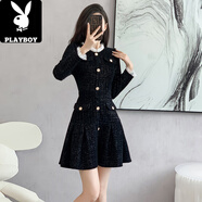 花花公子（PLAYBOY）赫本黑色感甜酷連衣裙女秋冬復古小香風(fēng)宮廷富家千金公主裙子 黑色 L