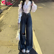 OTST辣妹破洞牛仔背帶褲女2025春季新款韓版大碼寬松顯瘦百搭闊腿褲子 藍色 S 80-90斤