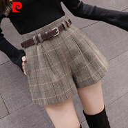 皮爾卡丹（pierre cardin）秋冬裝新款高腰短褲女毛呢時(shí)尚配腰帶百搭外穿顯瘦靴褲子時(shí)尚格子 卡其色 2XL 125斤-135斤
