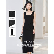米思陽(yáng)（missshine）2025夏季新款簡(jiǎn)約方領(lǐng)無(wú)袖連衣裙氣質(zhì)收腰通勤一步裙女5638 黑色現貨直發(fā) S