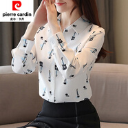皮爾卡丹（pierre cardin）襯衫女長(cháng)t袖春季新款超仙洋氣上衣韓版時(shí)尚氣質(zhì)翻領(lǐng)印花雪紡衫女 小提琴 M 90-100斤