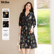 MsShe雪紡收腰碎花連衣裙大碼女裝2025秋裝胖mm巨顯瘦連衣裙子 【七分袖】雪紡連衣裙-黑色現貨 2XL