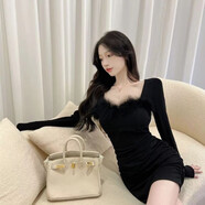 菲尼東爵300斤胖mm氣質(zhì)純欲風(fēng)修身顯瘦性感御姐長(cháng)袖秋冬特大碼連衣裙女裝 黑色 3XL _建議135-160斤