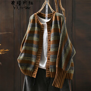 YJ.BoShe針織外套女秋新款文藝復古條紋拼色寬松外穿毛衣棉線(xiàn)蝙蝠袖針織衫 焦糖色 均碼