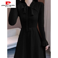 皮爾卡丹原單法式溫柔風(fēng)針織連衣裙女春秋打底網(wǎng)紗裙配大衣內搭中長(cháng)款毛衣 黑色 S